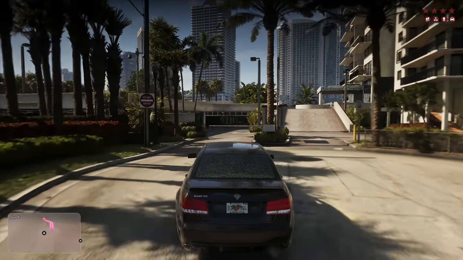 Driving toward the Vice City high-rises