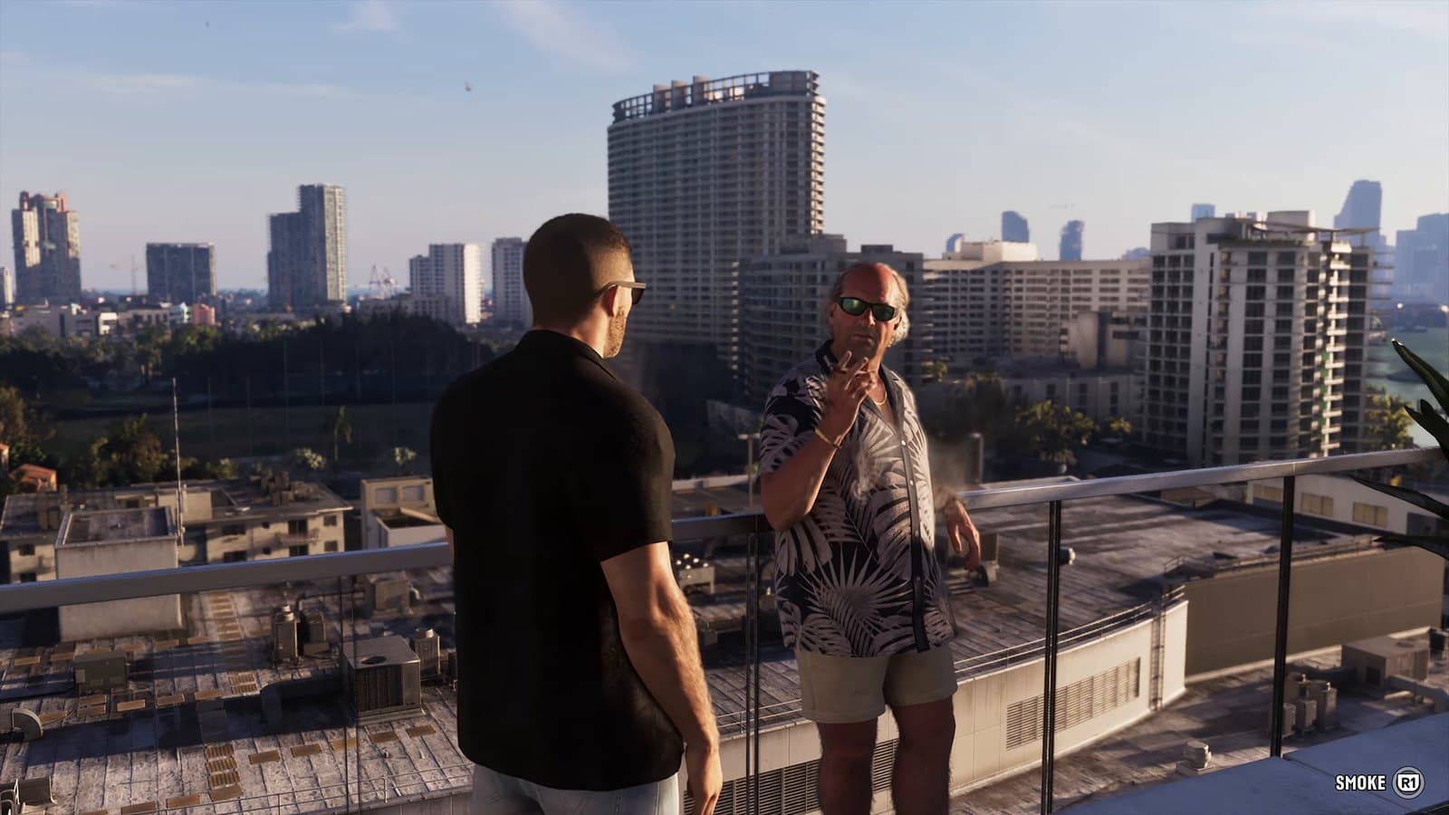 The Vice City skyline seen from a rooftop