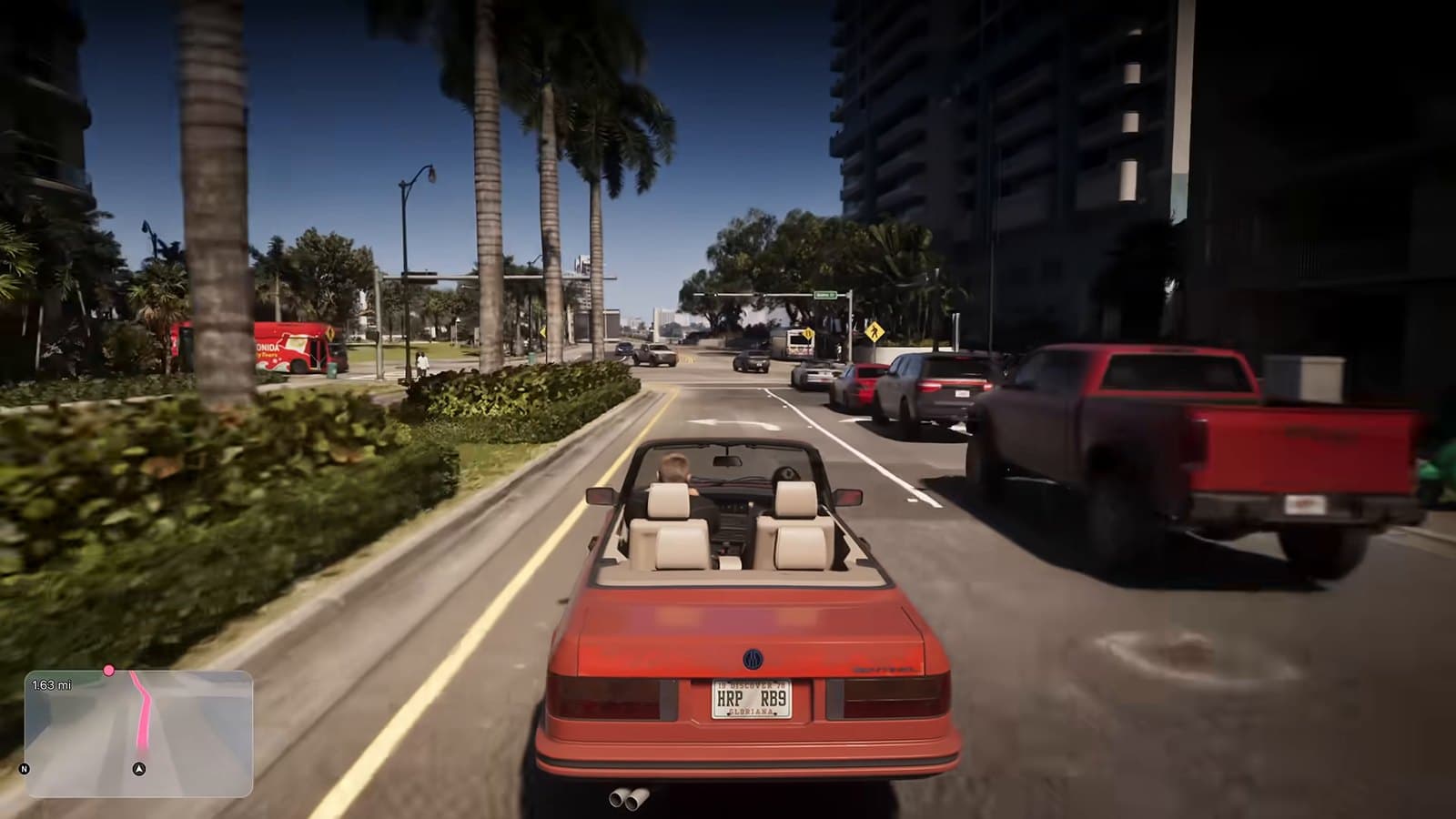 Driving a palm-lined Vice City boulevard