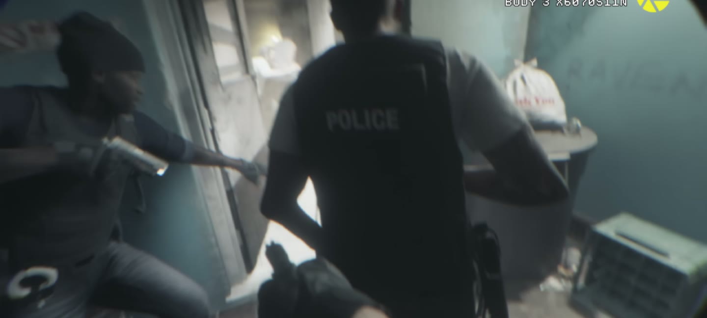 Police in a convenience store during a robbery.