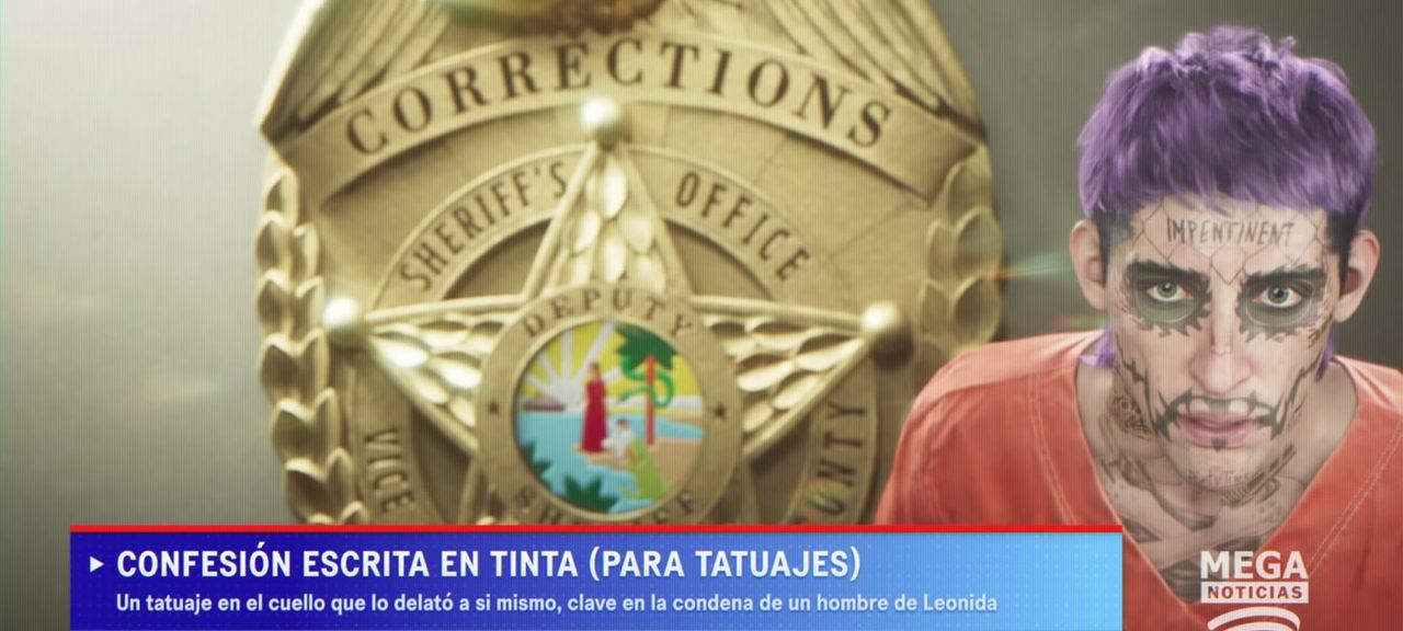 A corrections badge beside a mugshot with purple hair and face tattoos.