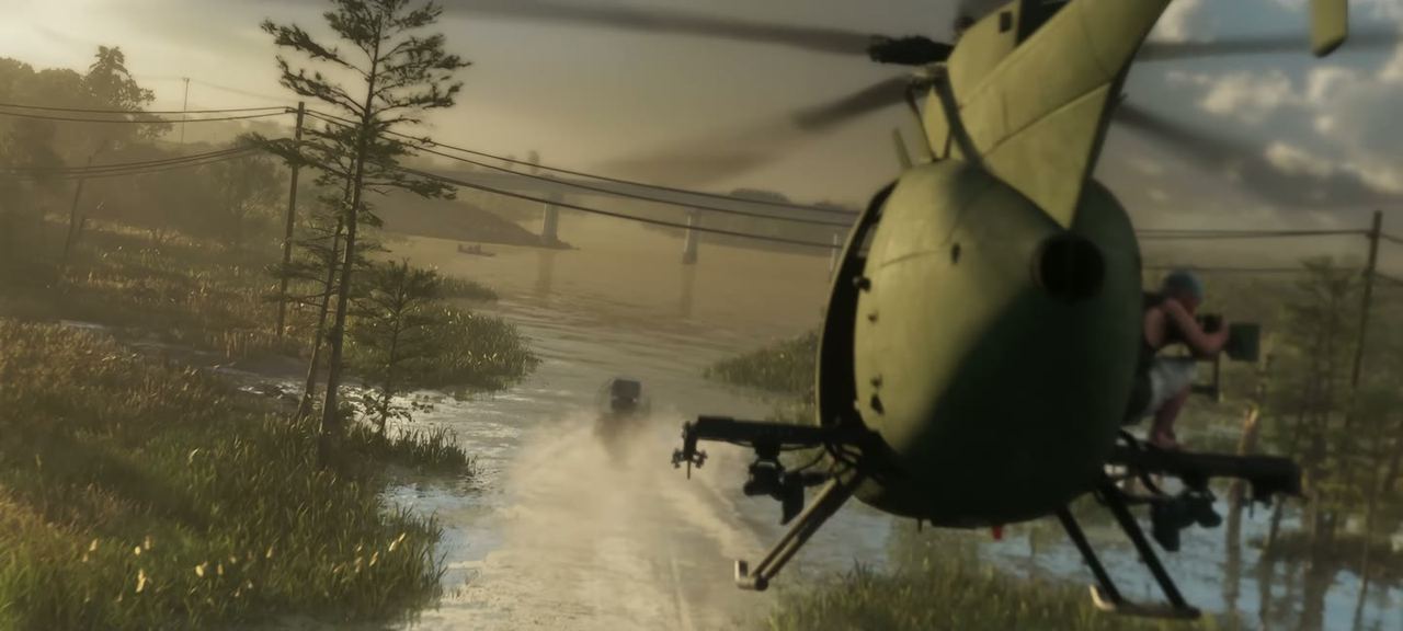 A light helicopter low and fast over the wetland.
