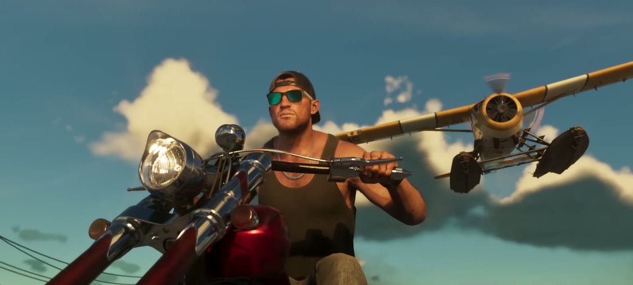 A rider on a chopper with a floatplane crossing the sky behind.