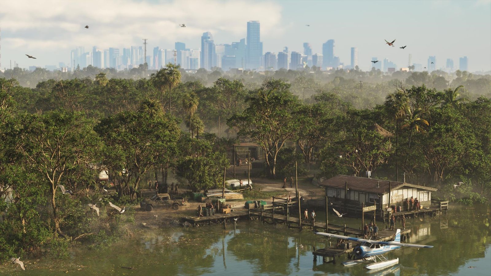 A wetland community with the Vice City skyline on the horizon