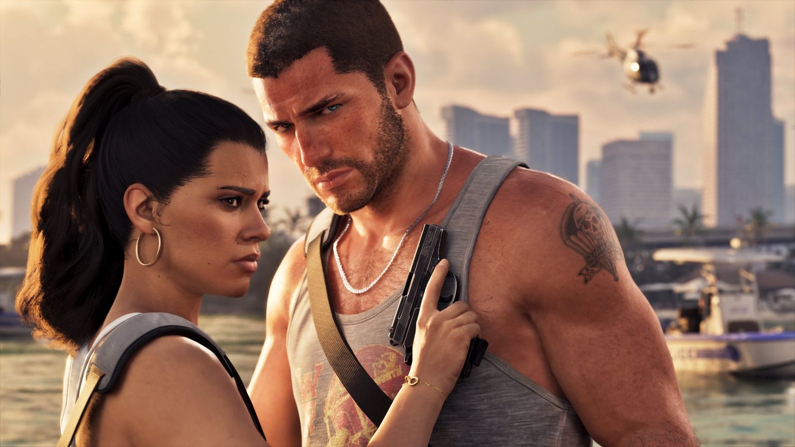 Lucia and Jason standing close together by the water, a pistol in Jason's waistband and the Vice City skyline behind them
