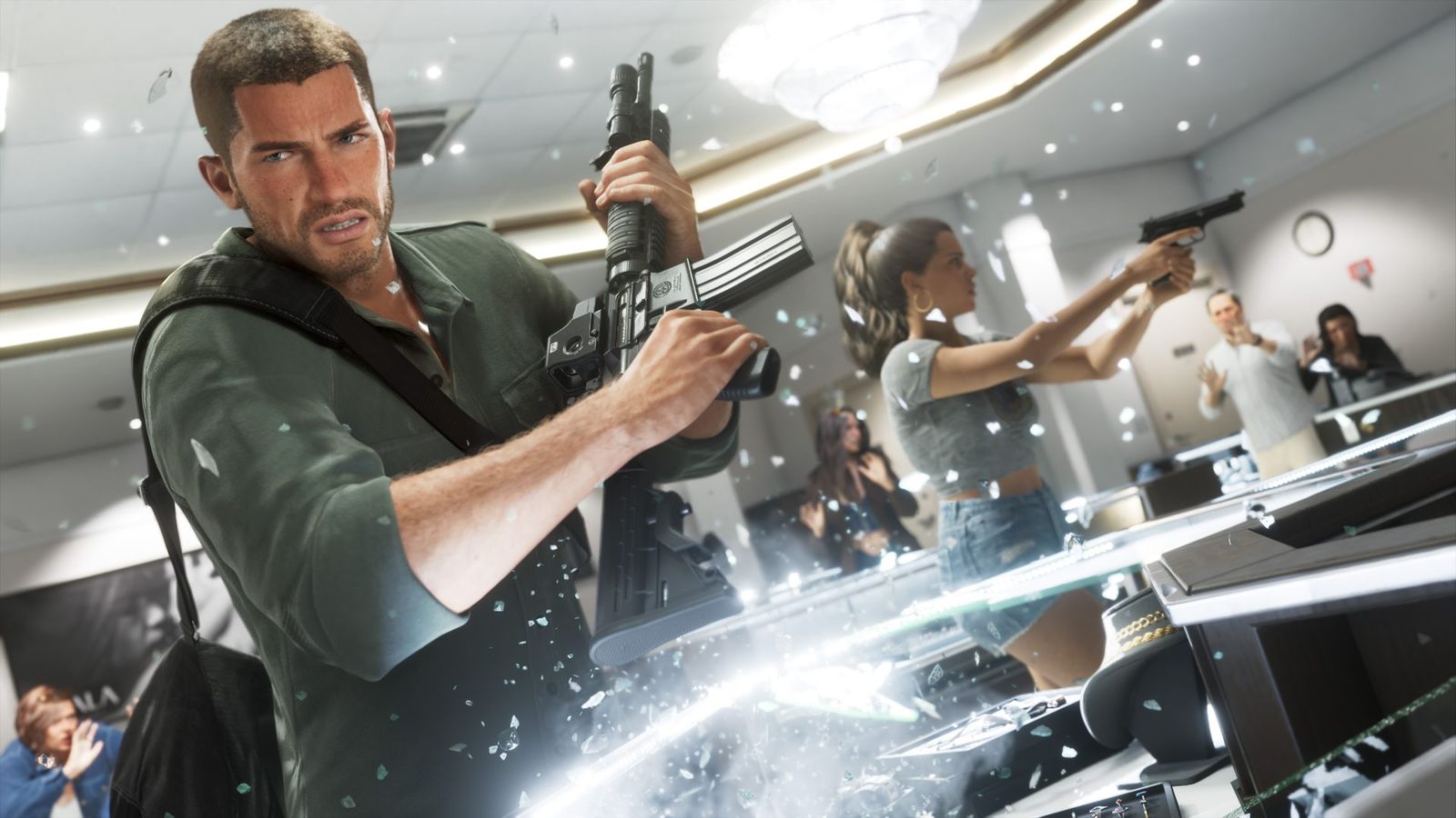 Jason holding an assault rifle as glass shatters across a counter, with Lucia aiming a pistol behind him