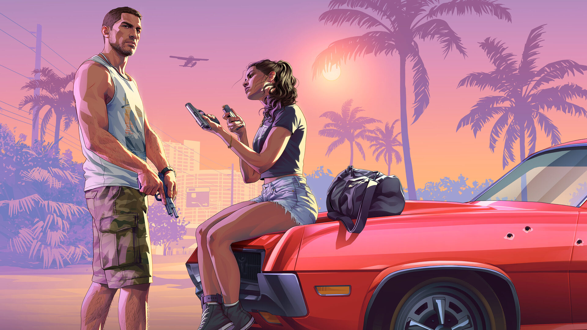 Key art of Jason holding a pistol while Lucia loads a magazine, sitting on the bonnet of a red car with bullet holes in it