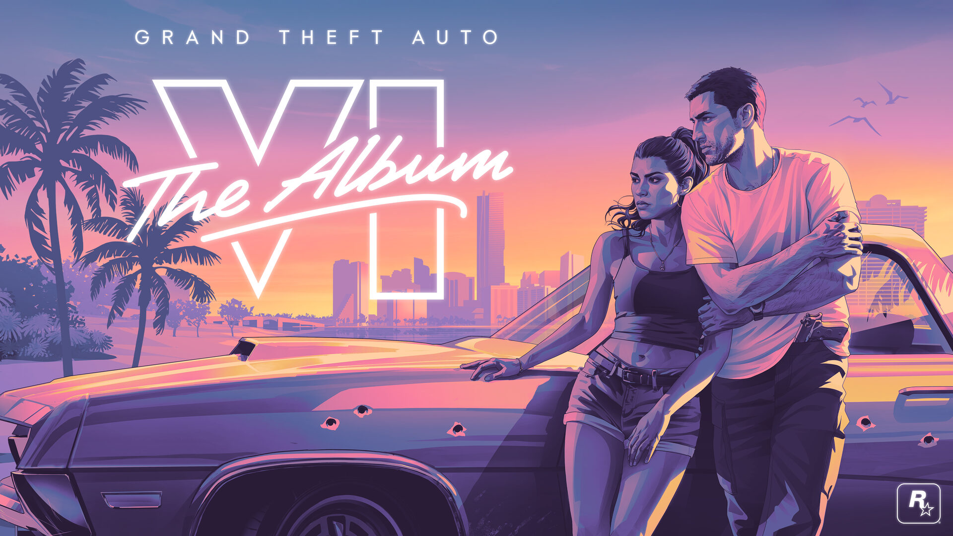 Cover art for Grand Theft Auto VI: The Album, Jason and Lucia leaning on a bullet-marked car in front of the Vice City skyline at sunset