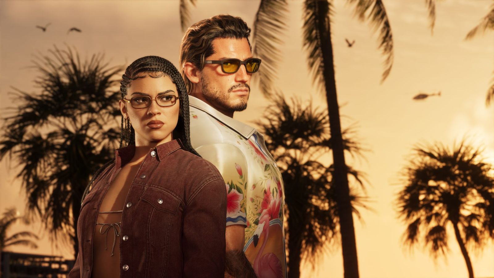 Jason and Lucia back to back at sunset under Vice City palms