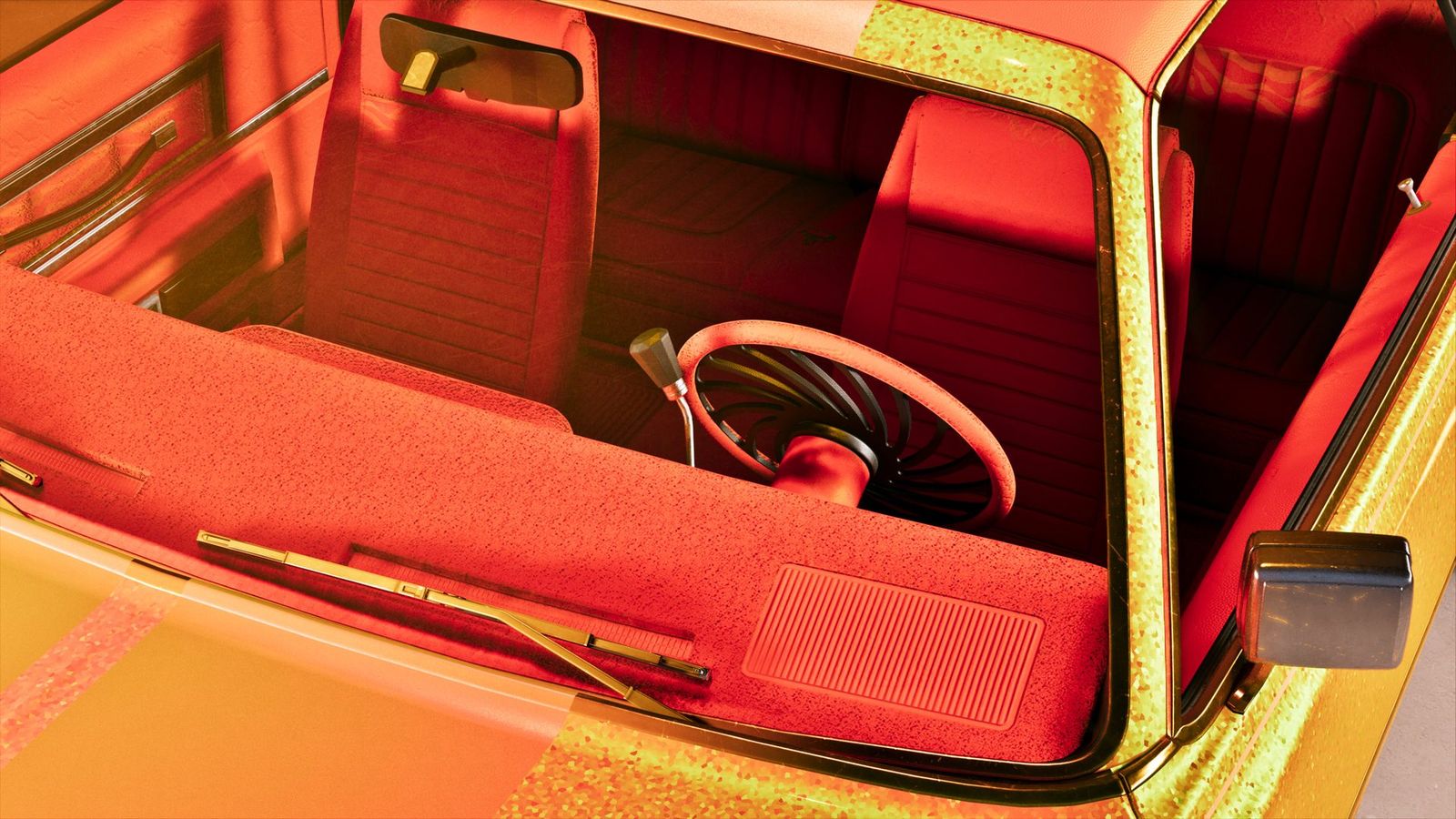 The red velour interior and open boot of a customised orange car