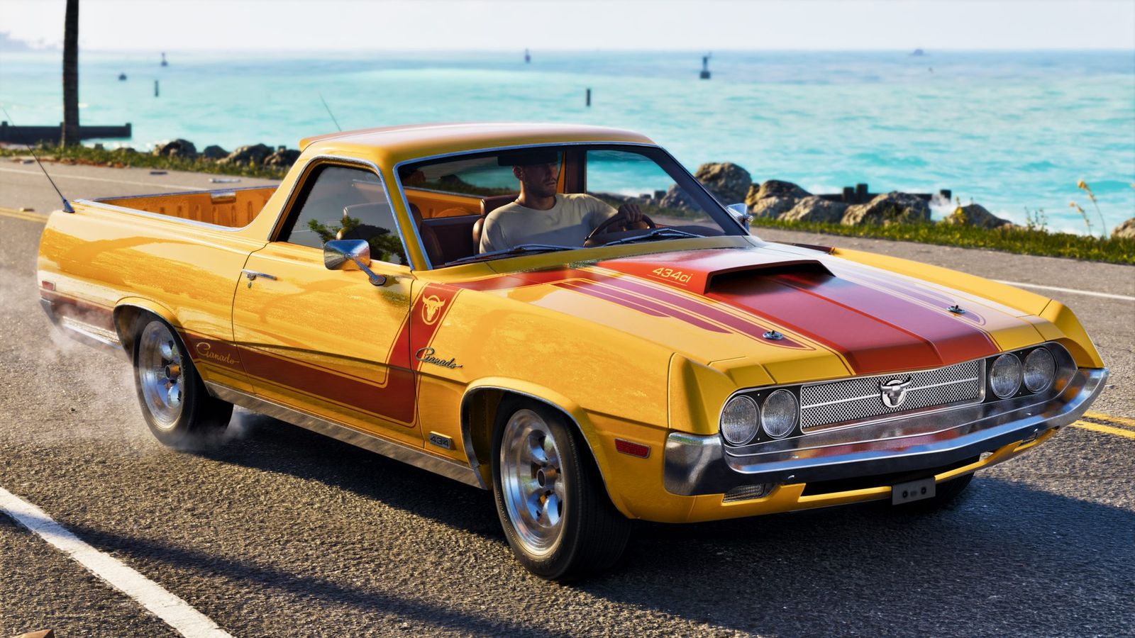 A Vapid Ganado coupe utility on a coastal road