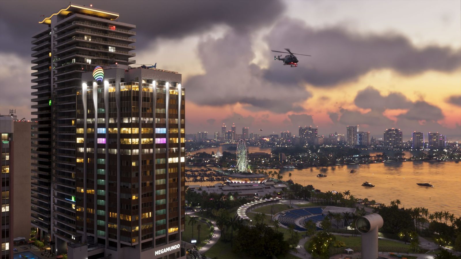 A lit Vice City tower at dusk with a helicopter overhead