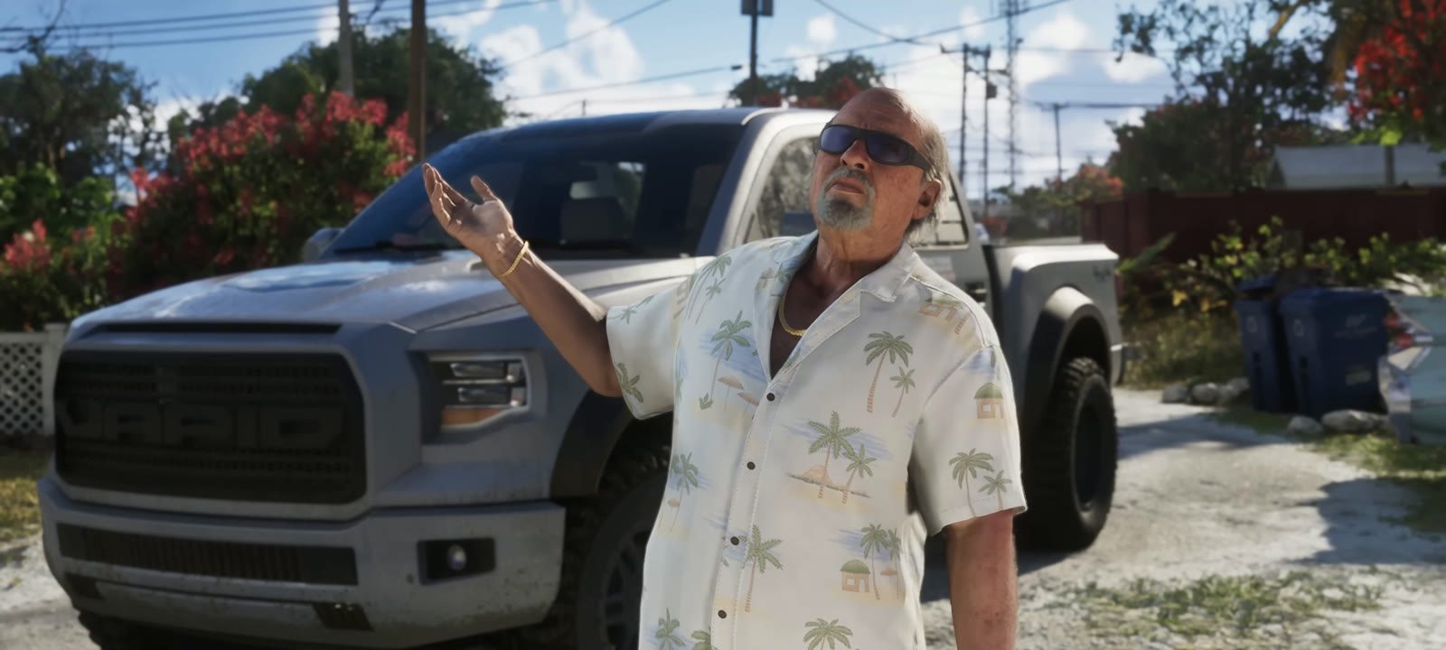 Brian at the lifted white pick-up outside his place in the Keys. Outlets have identified it as a Vapid Caracara